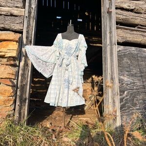 Bohemian Blue and White Vintage Bedsheet Wrap Dress with Lace Sleeves